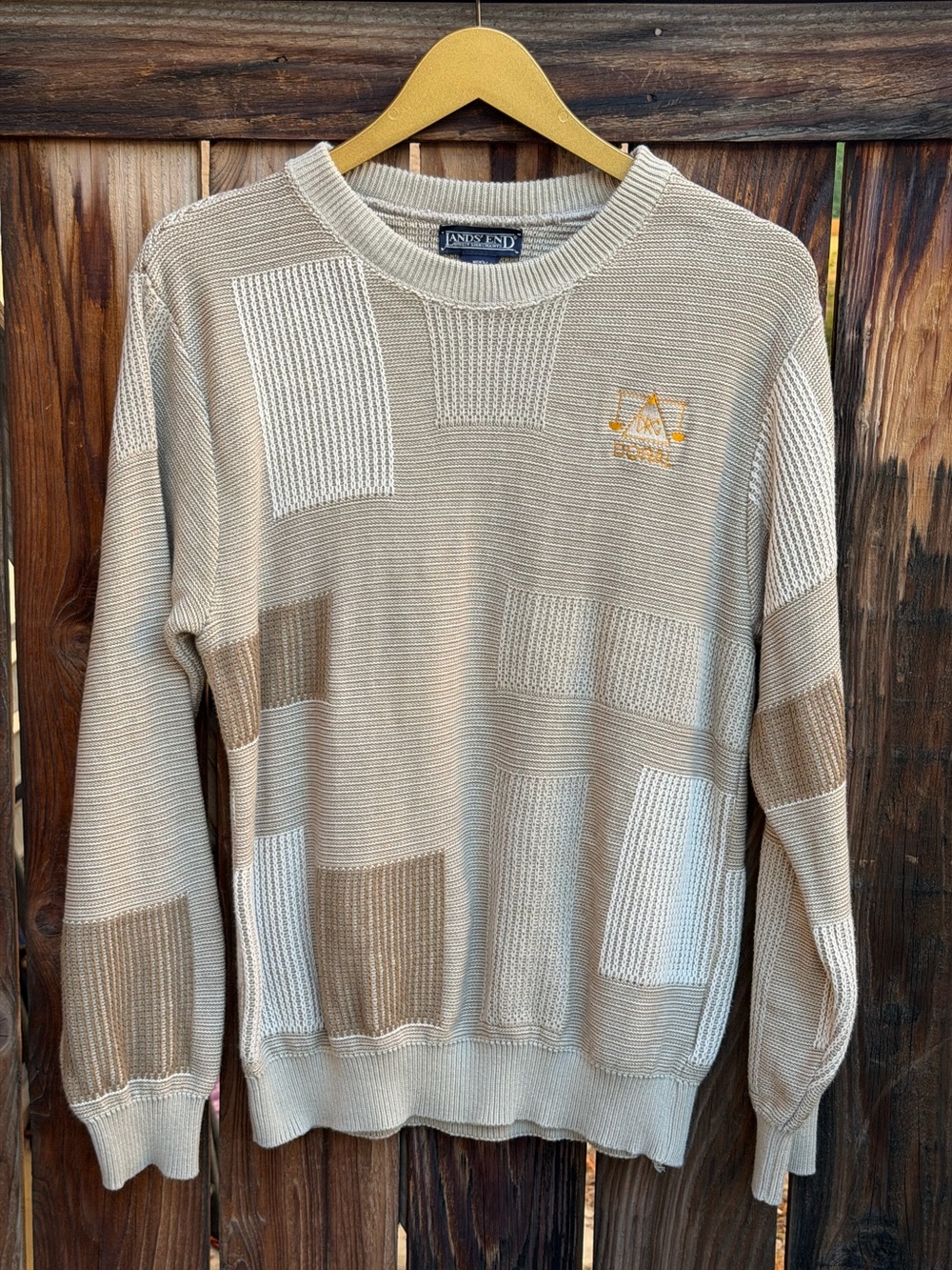 Vintage Lands End Patchwork Knit Crewneck Sweater Size S Cotton USA